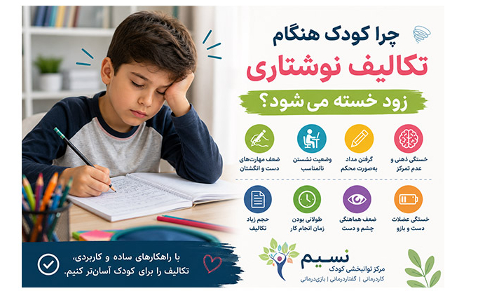 چرا کودک هنگام نوشتن و انجام تکالیف زود خسته میشود؟ با علتهای خستگی، کند نوشتن، مشکلات تمرکز و راهکارهای کاربردی برای راحتتر شدن تکالیف آشنا شوید.